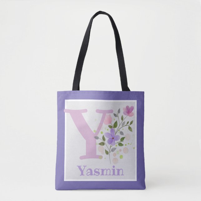 Tote Bag hat den ersten Plus-Namen mit Blume (Vorderseite)