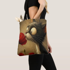 Tote Bag, Schwarz-Weiß-Katze rote Blume