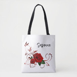 Tote Bag, Weißer Klassischer Roter Rosenblüten-