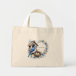 Tote Blaue Häher auf Nistkasten – Florale Illustra Mini Stoffbeutel