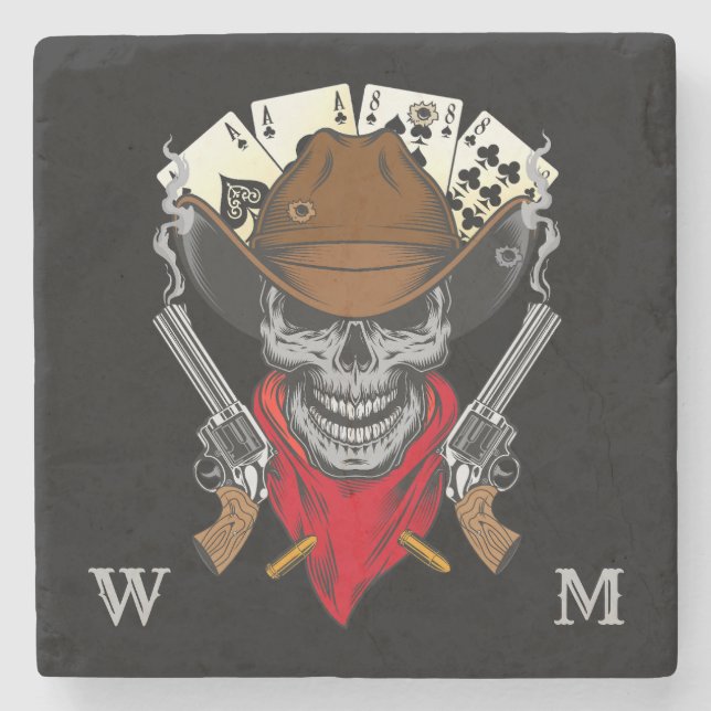 Tote Mans Hand Playing Cards Cowboy Skull Monogram Steinuntersetzer (Vorderseite)