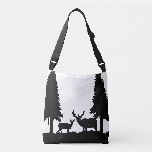 Tote Tasche in Schwarz-Weiß-Hirsch im Walddesign (Vorderseite)