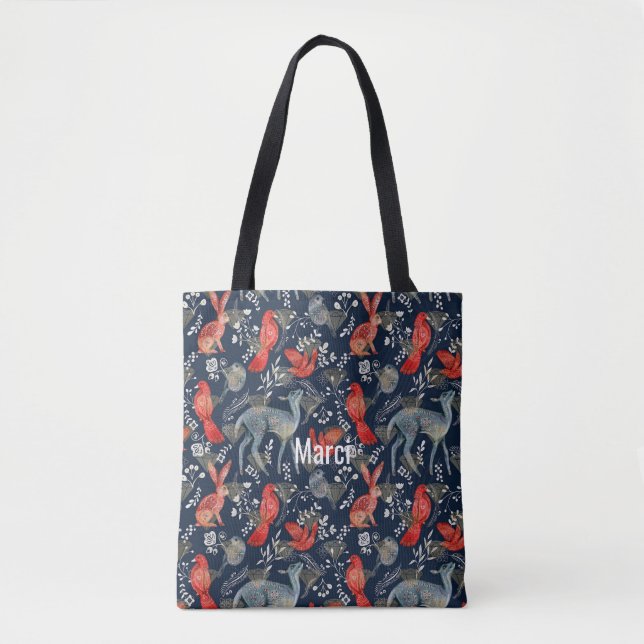 Tote Tasche mit Folk Art Design in Dunkelblau (Vorderseite)