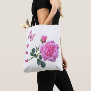 Tote Tasche Pink Rose Butterfly Kisses Hearts