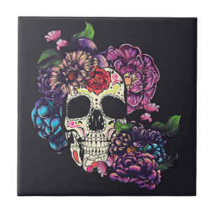 Toten-Schädel mit Blumen Fliese