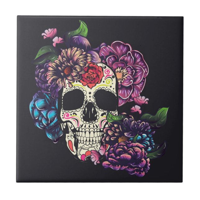 Toten-Schädel mit Blumen Fliese (Vorderseite)