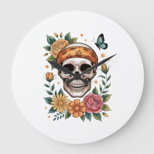 Totenkopf-Blumen-Halloween-Gruselig Große Wanduhr