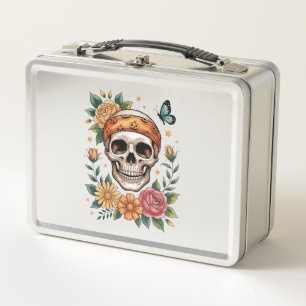 Totenkopf-Blumen-Halloween-Gruselig Metall Brotdose