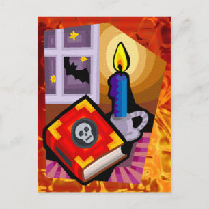 Totenkopf Buch, Kerzenständer und Fledermaus drauß Postkarte