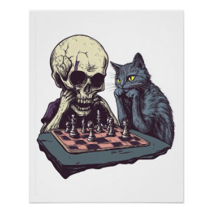 Totenkopf gegen Katze � Lustiger Schachkampf Poster