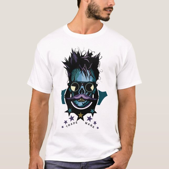 Totenkopf Hipster Skull Crane Schnurrbart T-Shirt (Vorderseite)