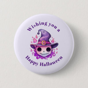Totenkopf in einem Hexenhut skurril Halloween Button