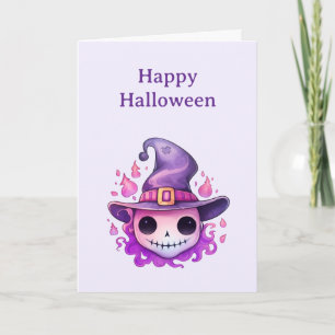 Totenkopf in einem Hexenhut skurril Halloween Feiertagskarte