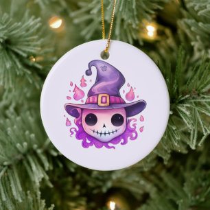 Totenkopf in einem Hexenhut Whimsical Keramik Ornament
