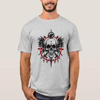 Totenkopf-Kompass-T-Shirt – Gothic-Flügel & Rotes  T-Shirt