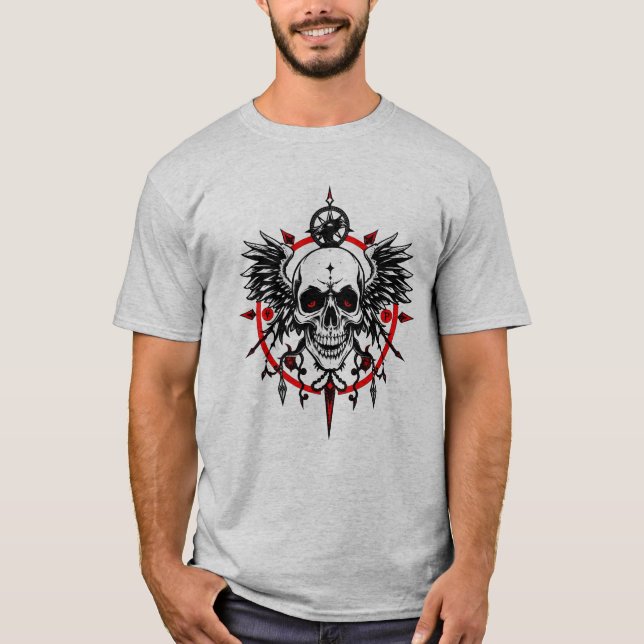 Totenkopf-Kompass-T-Shirt – Gothic-Flügel & Rotes  T-Shirt (Vorderseite)