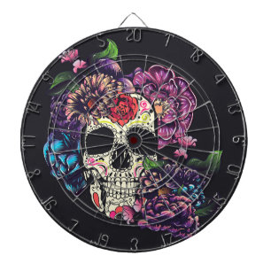 Totenkopf mit Blumen am Tag der Toten Dartscheibe