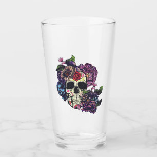 Totenkopf mit Blumen am Tag der Toten Glas