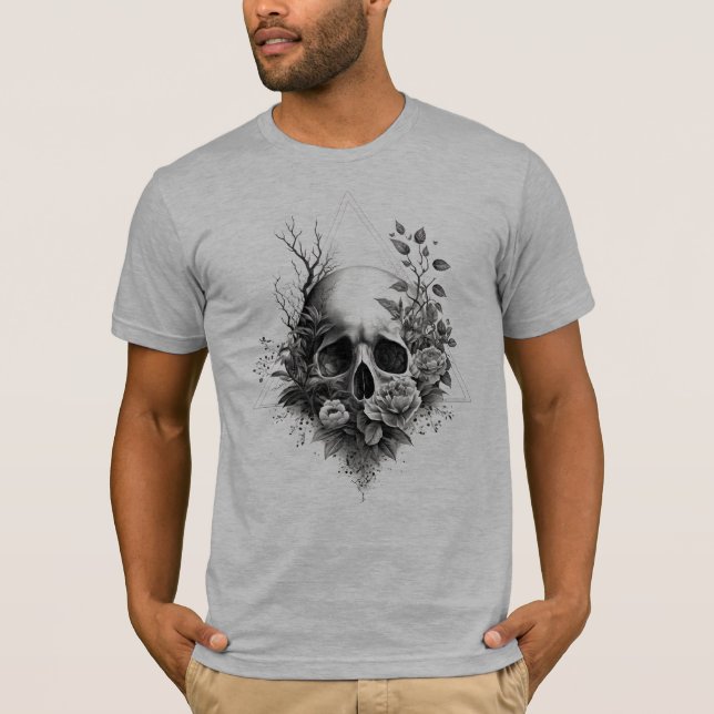 Totenkopf mit Blumen und Dreieck Motiv  T-Shirt (Vorderseite)