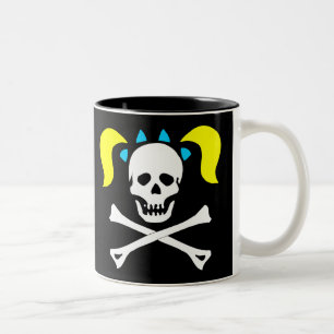 Totenkopf mit gekreuzter Knochen mit Zöpfen Zweifarbige Tasse