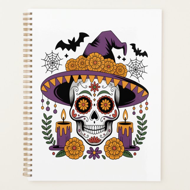 Totenkopf mit Hexenhut Halloween Vektor Planer (Vorderseite)