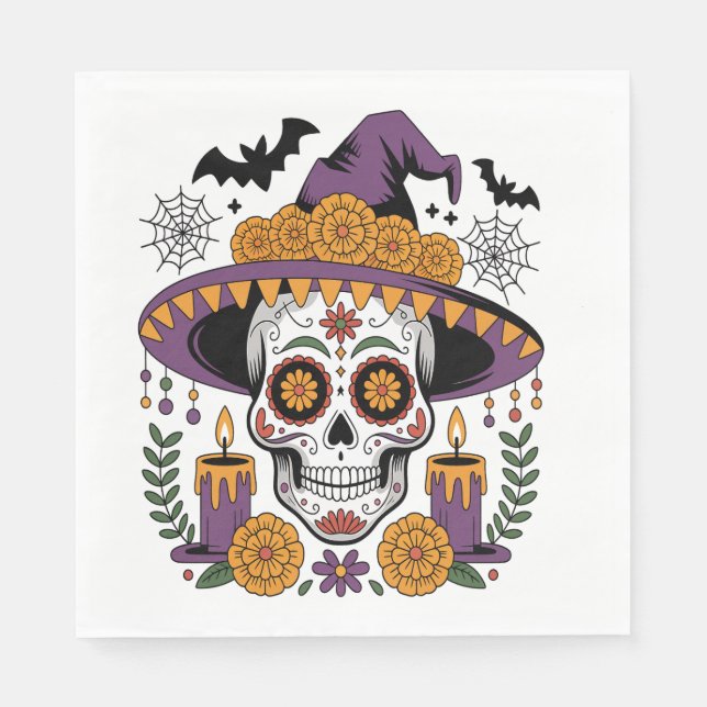 Totenkopf mit Hexenhut Halloween Vektor Serviette (Vorderseite)