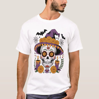 Totenkopf mit Hexenhut Halloween Vektor T-Shirt