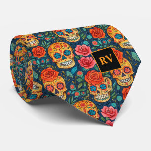 Totenkopf mit Rosen auf Indigo zum Tag der Toten Krawatte