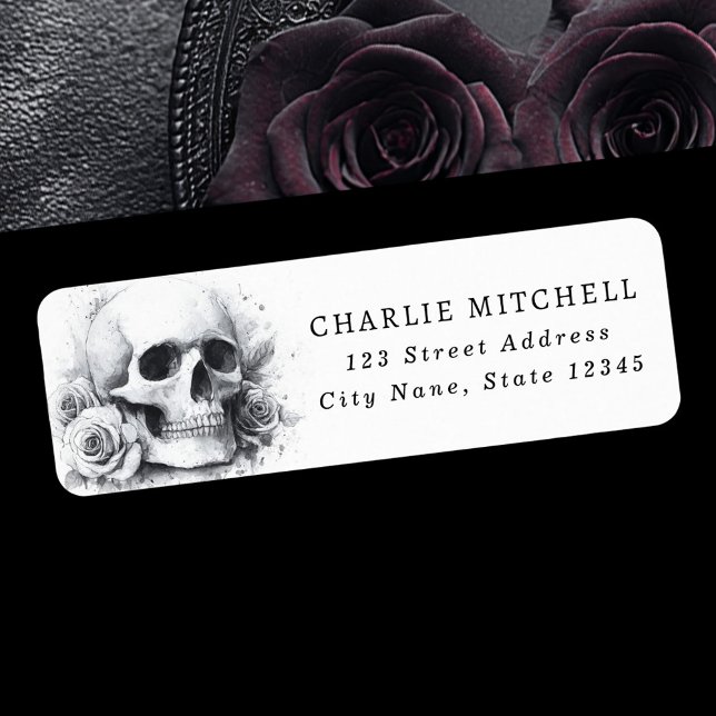 Totenkopf mit Rosen Halloween-Rücksendeadresse (Skull with roses Halloween return address Label)