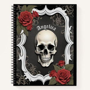 Totenkopf mit Rosen und weißem Rahmen Notizbuch