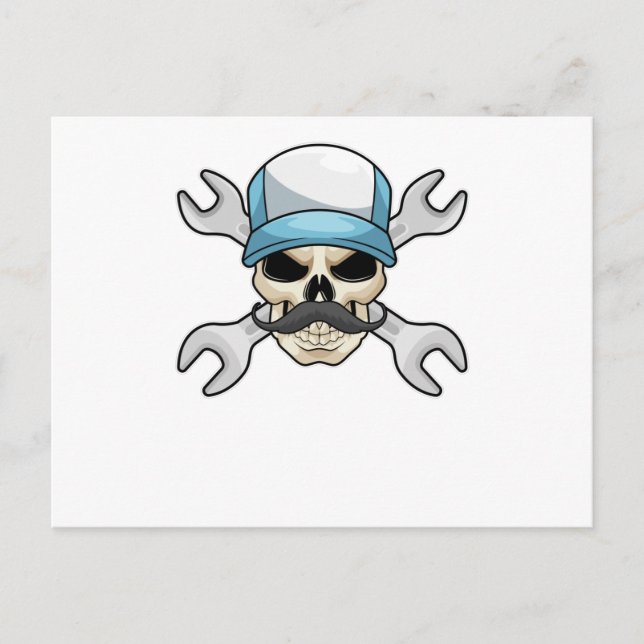 Totenkopf mit Schnurrbart und Schraubenschlüssel Postkarte (Vorderseite)