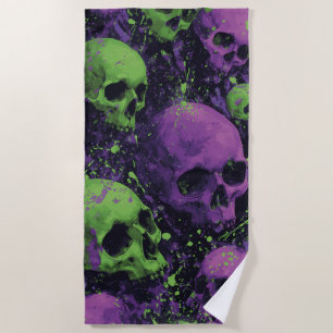 Totenkopf-Muster im grünen und violetten Grunge-St Strandtuch