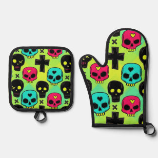 Totenkopf-Muster Ofenhandschuh & Topflappen-Set
