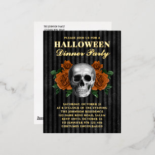 Totenkopf Orange Rosen Halloween Dinnerparty Gold Folie Einladungspostkarte