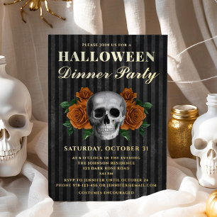 Totenkopf Orange Rosen Halloween Dinnerparty Gold Folieneinladung