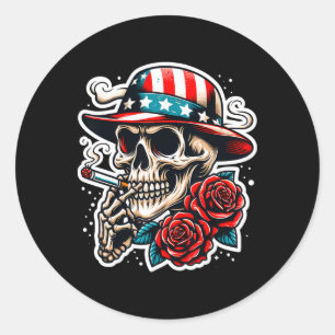 Totenkopf raucht Zigarette Rose USA-Flagge Skelett Runder Aufkleber
