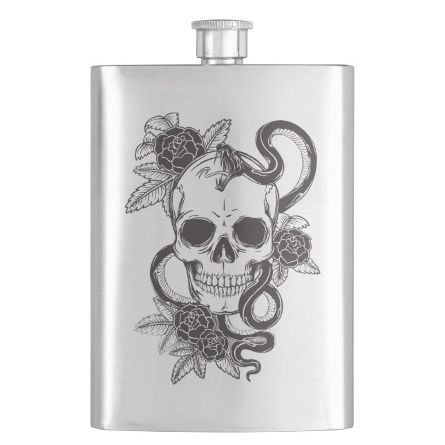 Totenkopf Rose und Schlange Flachmann (Vorderseite)