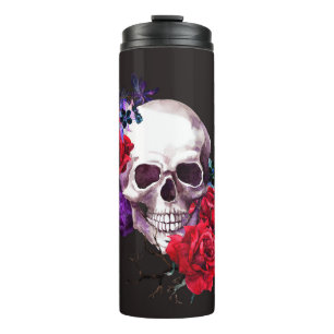 Totenkopf & Rosen: Dunkle Floral-Aquarellmalerei. Thermosbecher