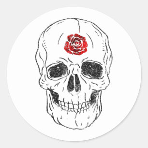 Totenkopf-Skelett-Knochen Schwarz & Rote Rose Glit Runder Aufkleber