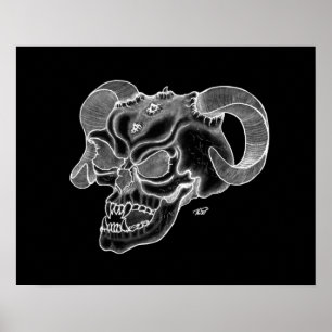 Totenkopf Teufelskopf schwarz weiß Zeichnung Poster