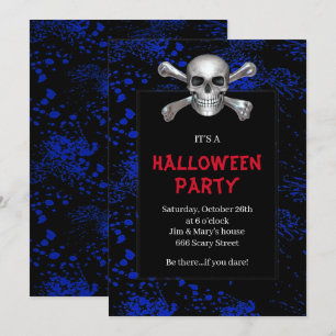 Totenkopf und Knochen Blau gesprenkelt Halloween-P Einladung