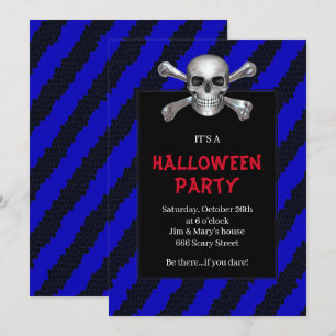 Totenkopf und Knochen Blau gestreifte Halloween-Pa Einladung