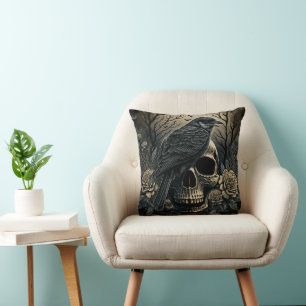 Totenkopf und Krähe Motiv Design Kissen