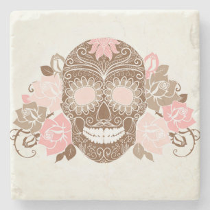 Totenkopf und Rosen, farbenfrohe Karte zum Tag der Steinuntersetzer