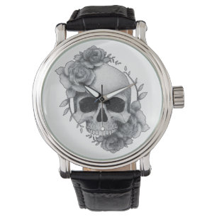 Totenkopf- und Rosen-Skizze Armbanduhr
