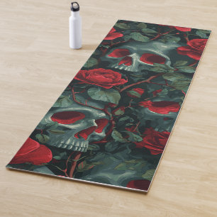 Totenkopf- und rote Rosenmuster – dunkles florales Yogamatte