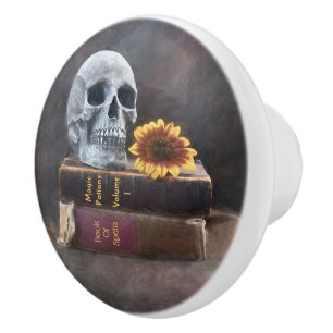 Totenkopf-Vintage-Bücher Gelbe Sonnenblume Gothic Keramikknauf