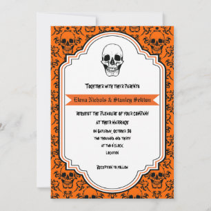 Totenköpfe Damast orange, schwarze Halloween-Hochz Einladung