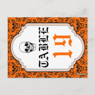 Totenköpfe Damast orange, schwarze Hochzeit Tischz Postkarte