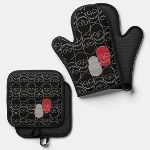 Totenköpfe - Fledermaus Schwarz und Knochen Weiß Ofenhandschuh & Topflappen-Set